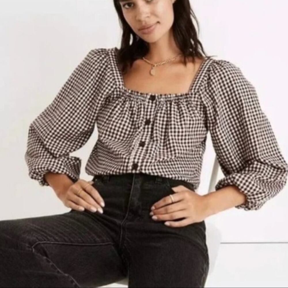 Madewell Puff Sleeve Button Front Plaid Crop Top Brown Square Neck Cotton Medium